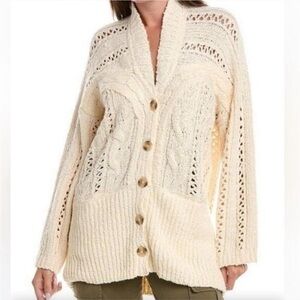 Free People Cream Button-Up Cable Knit Cardigan